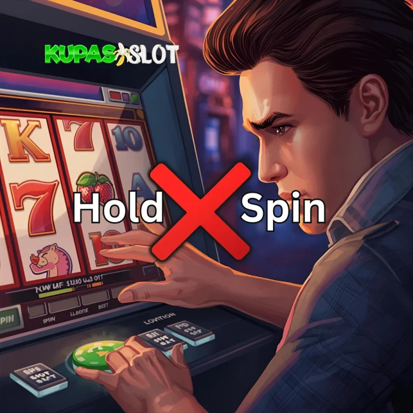 Ilustrasi pemain slot mencoba hold spin dengan tanda larangan, menyoroti Kupas Slot dan strategi main slot aman.